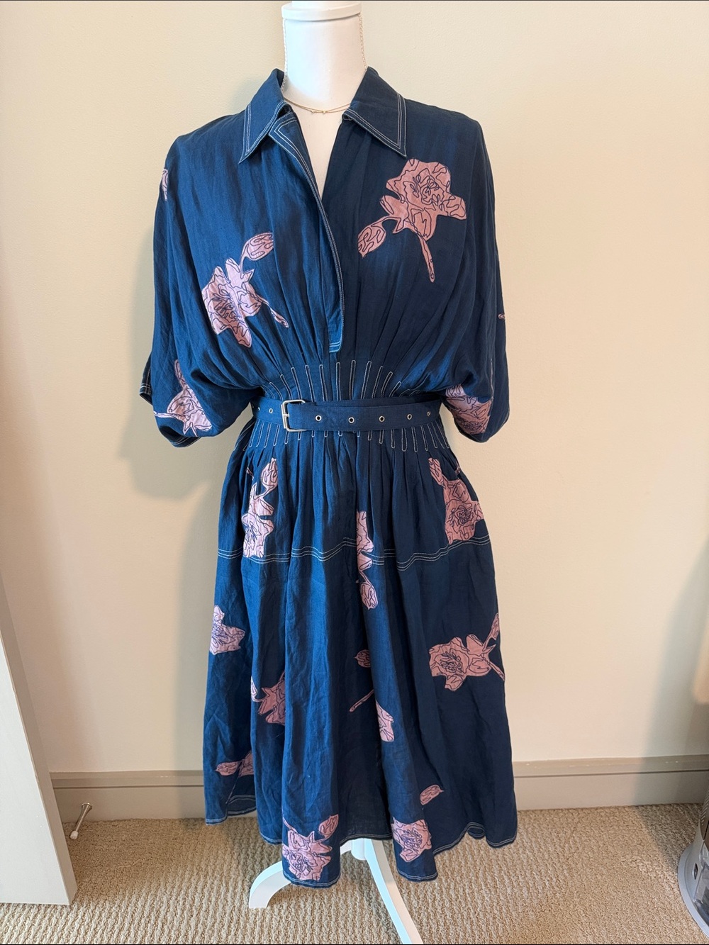 Lovebirds Navy Floral Belted Midi Shirt Dress
